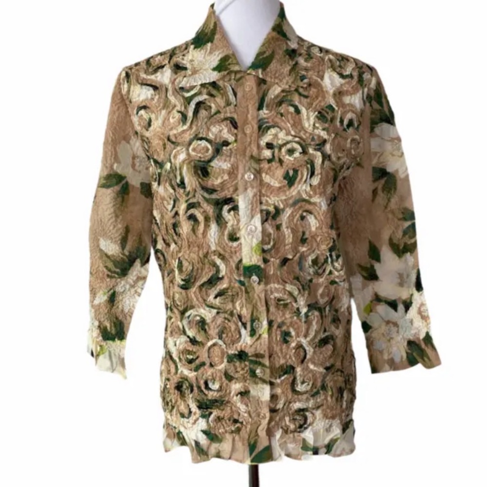 Yuki Torii Blouse Womens Floral Crinkle Button Up Top Sz. 38 Japan
